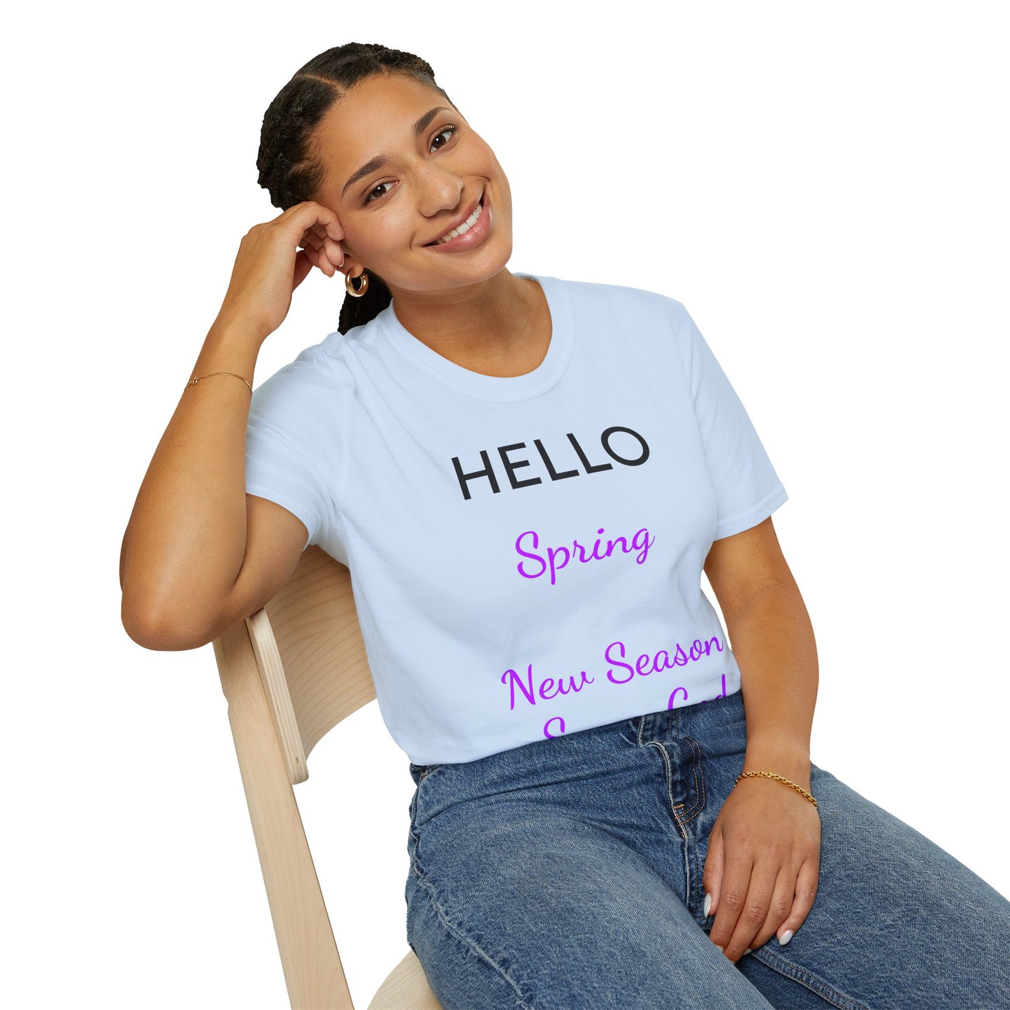 Hello Spring Tee — "New Season Same God" Christian Spring T-Shirt (Purple Lettering)