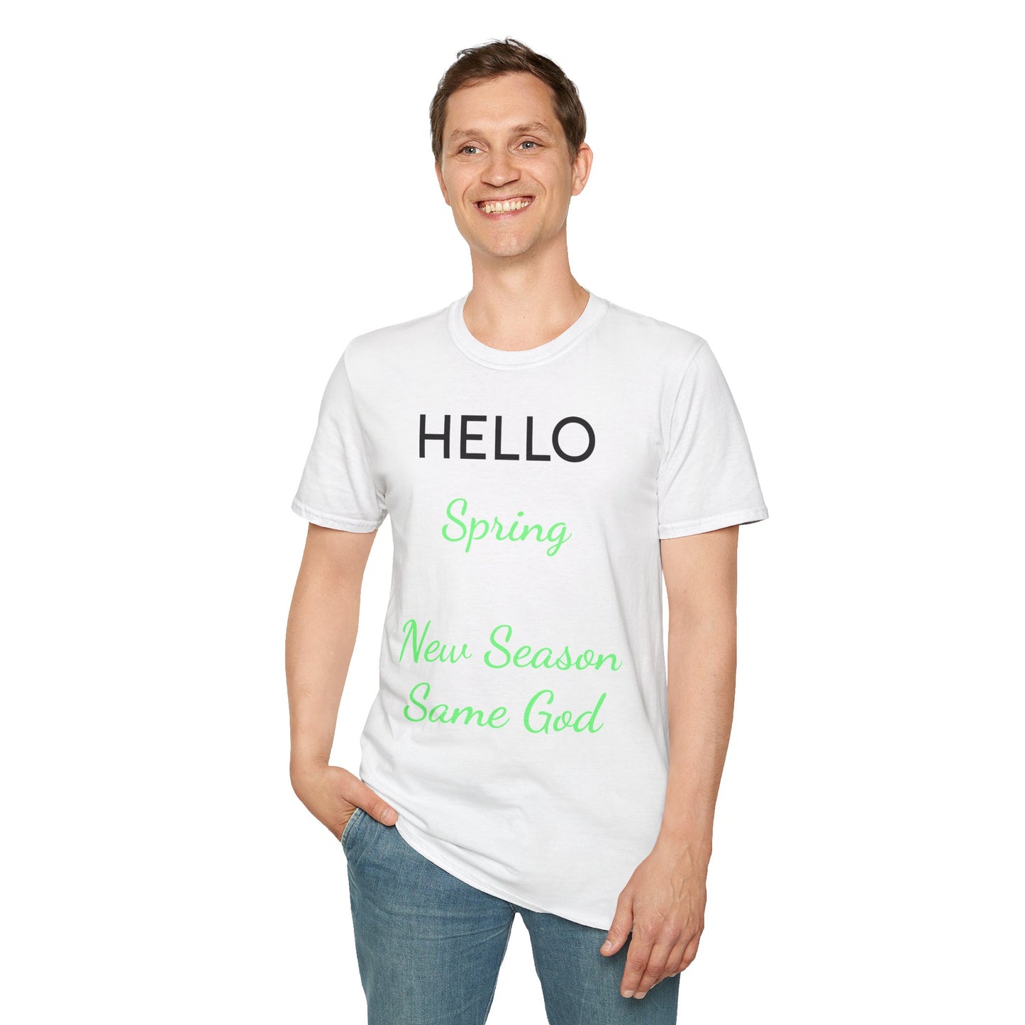 Hello Spring Tee — "New Season Same God" Christian Spring T-Shirt (Green Lettering)