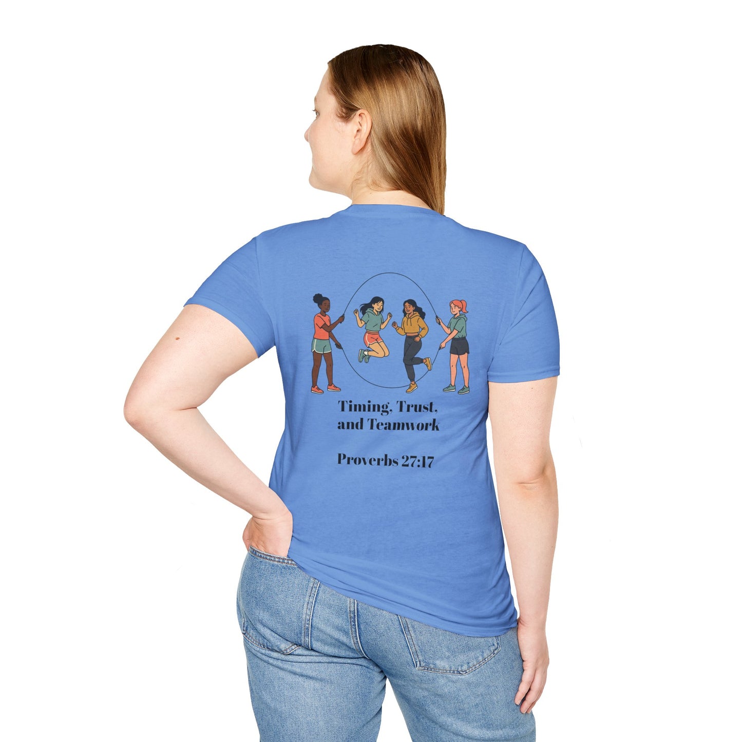 Teamwork — "Timing, Trust, and Teamwork" Girls Jump Rope Illustration