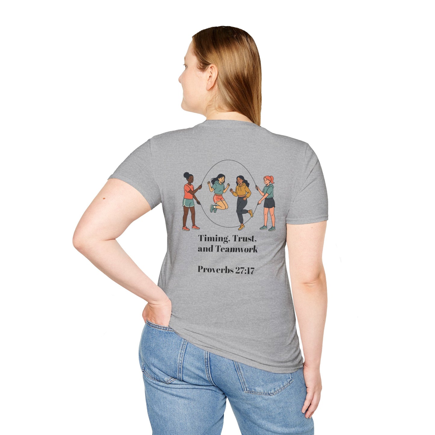 Teamwork — "Timing, Trust, and Teamwork" Girls Jump Rope Illustration