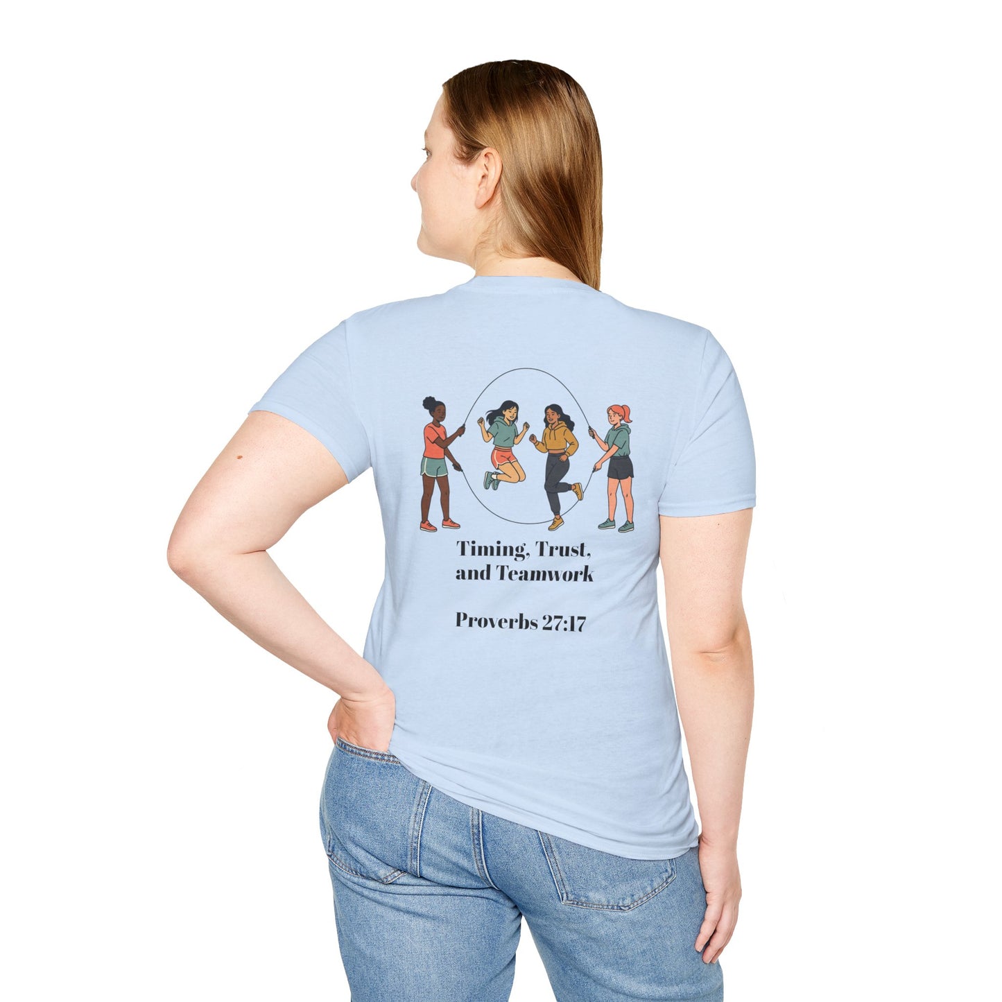 Teamwork — "Timing, Trust, and Teamwork" Girls Jump Rope Illustration
