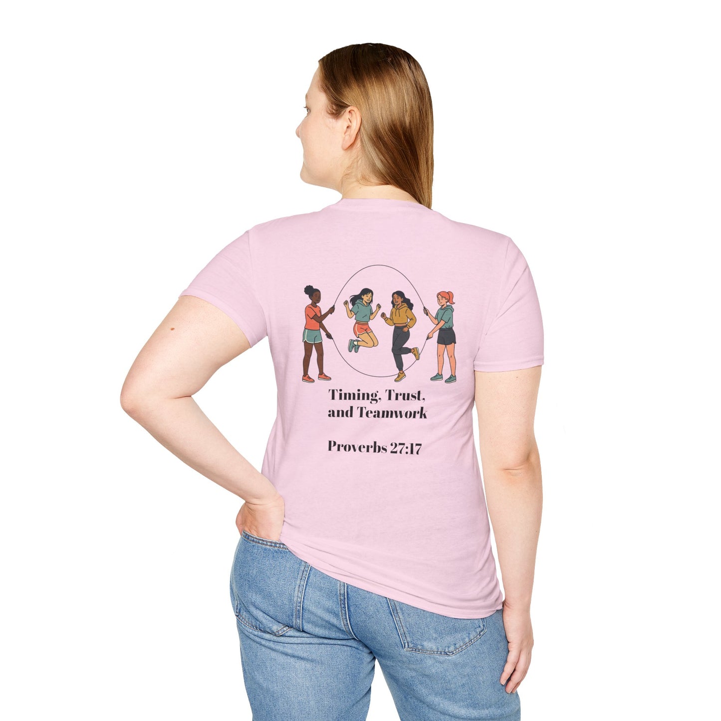 Teamwork — "Timing, Trust, and Teamwork" Girls Jump Rope Illustration