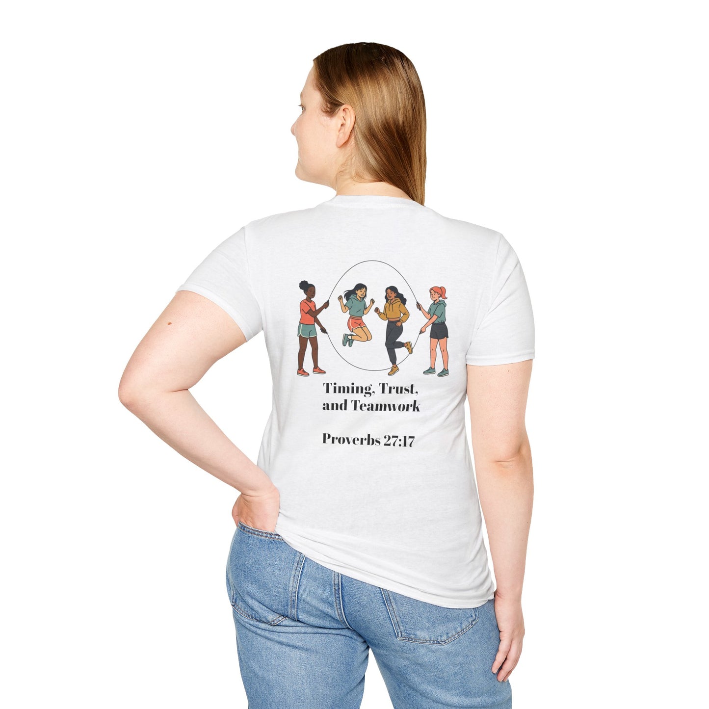Teamwork — "Timing, Trust, and Teamwork" Girls Jump Rope Illustration