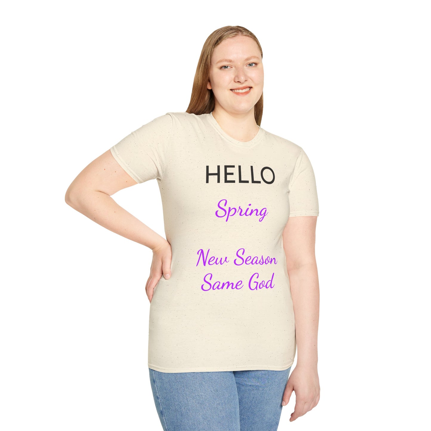 Hello Spring Tee — "New Season Same God" Christian Spring T-Shirt (Purple Lettering)