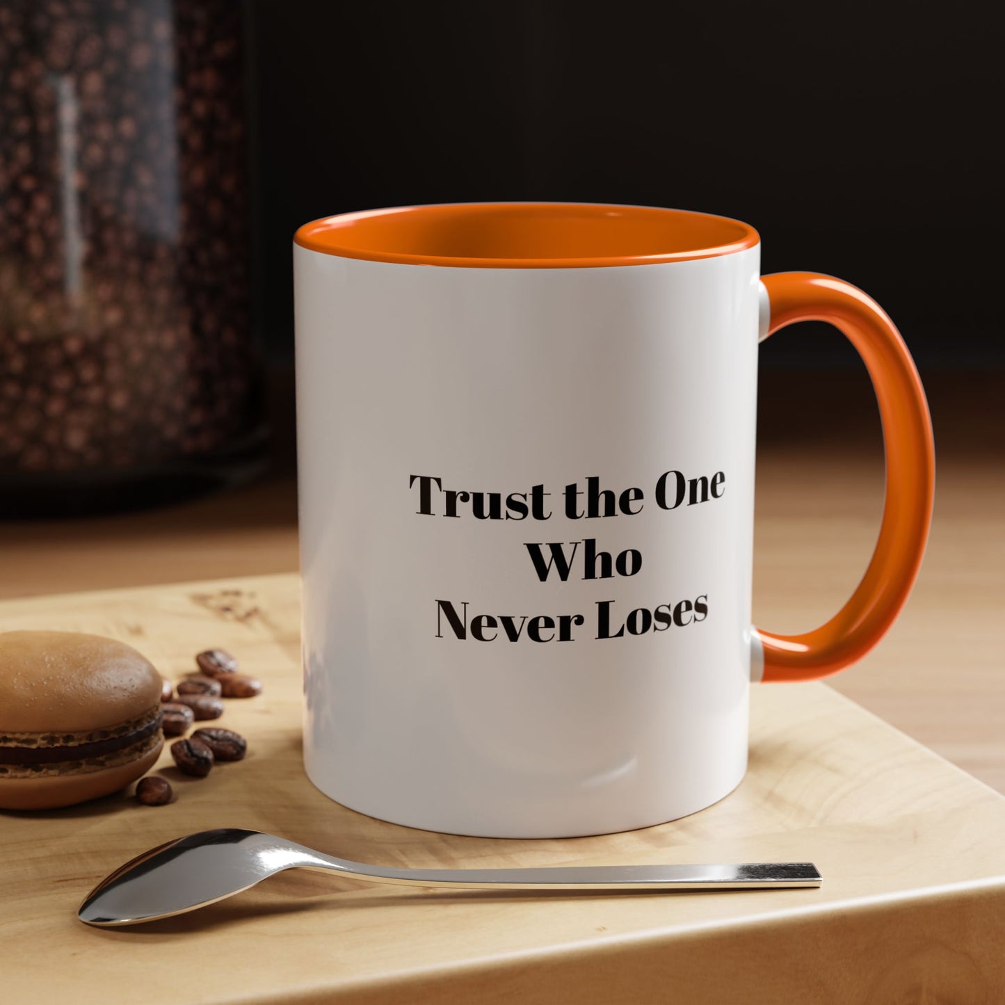 God Never Plays A Losing Game With Our Life  Accent Coffee Mug — Inspirational Black-Accent Coffee Cup (11/15 oz)