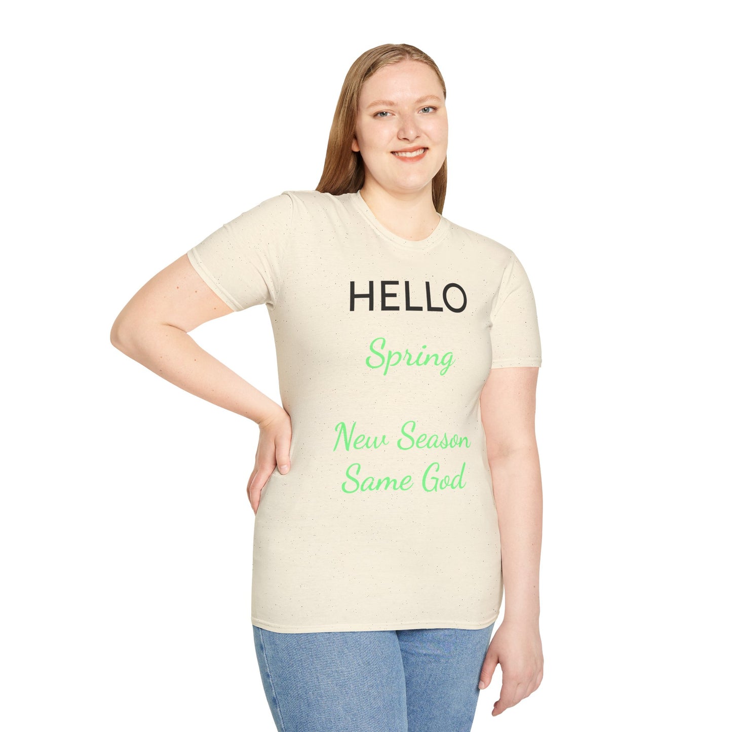 Hello Spring Tee — "New Season Same God" Christian Spring T-Shirt (Green Lettering)